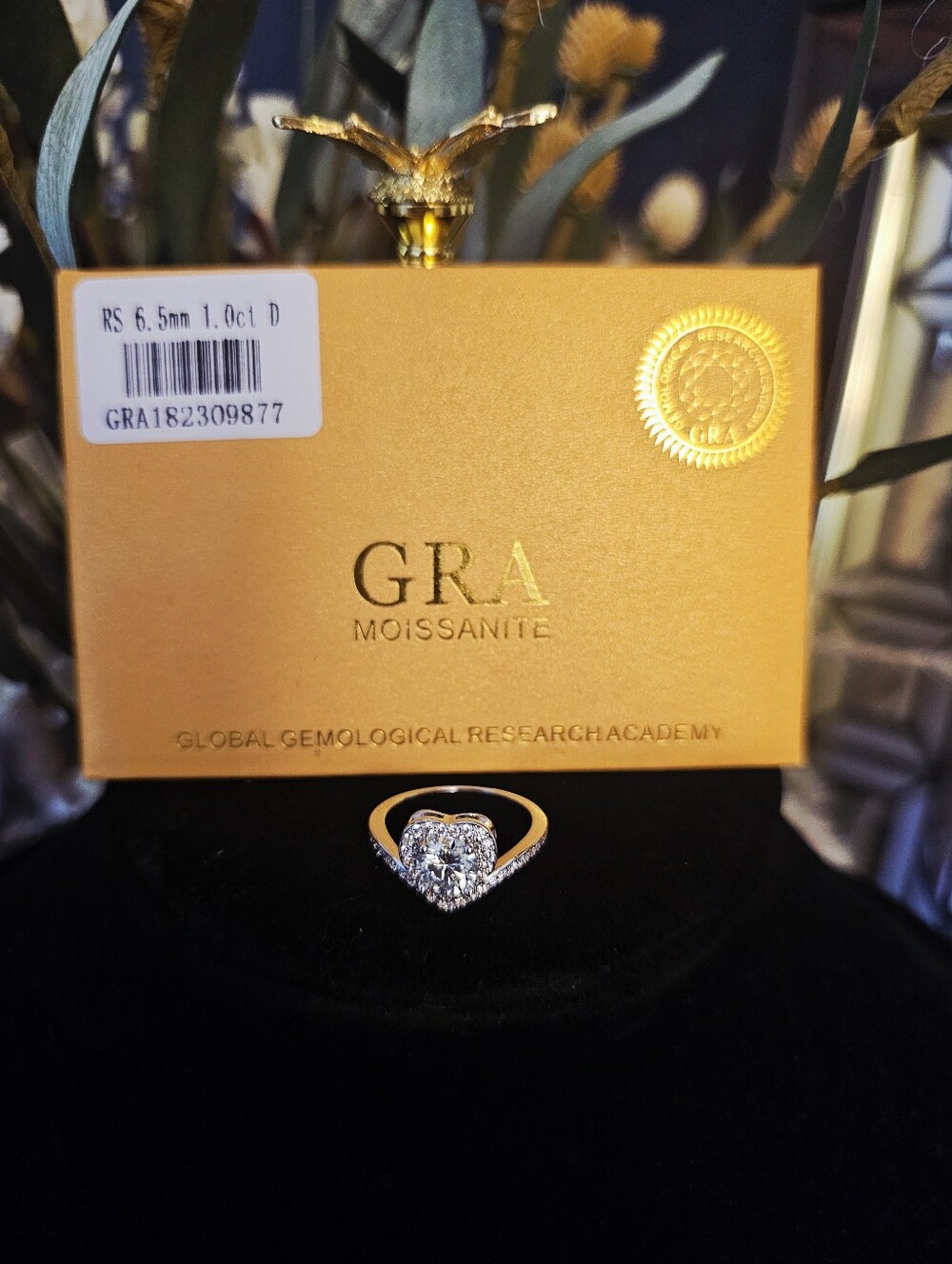 GRA Moissanite Heart Halo Ring in Gold
